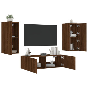 Muebles de TV de pared con luces LED 3 piezas marrón roble D