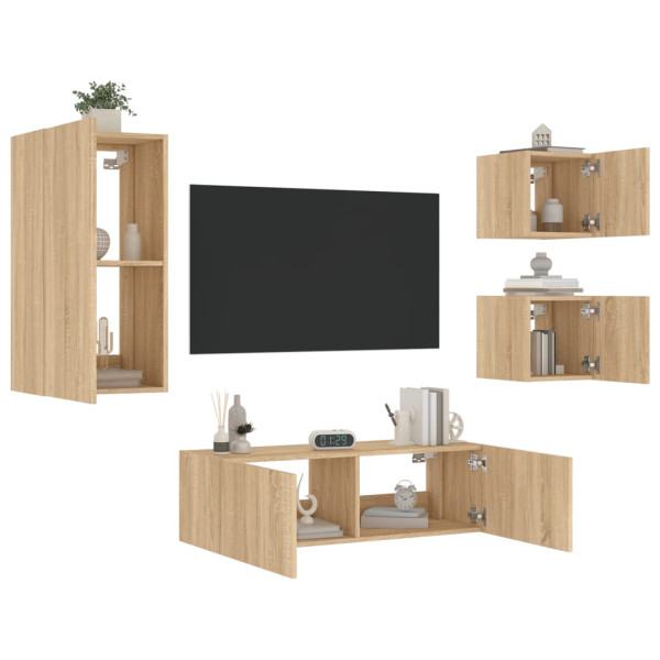 Muebles de TV de pared con luces LED 4 piezas roble Sonoma D