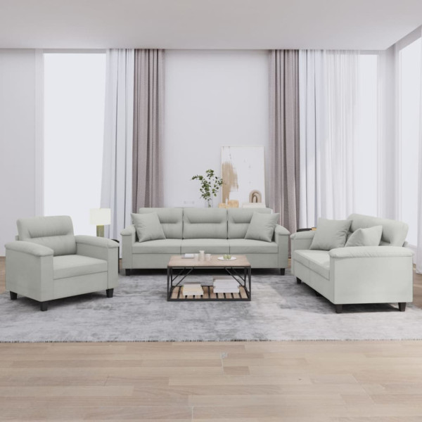 Conjunto de sofá com almofadas 3 peças tecido microfibra cinza claro D