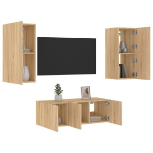 Muebles TV pared con LED 4 pzas madera ingeniería roble Sonoma D