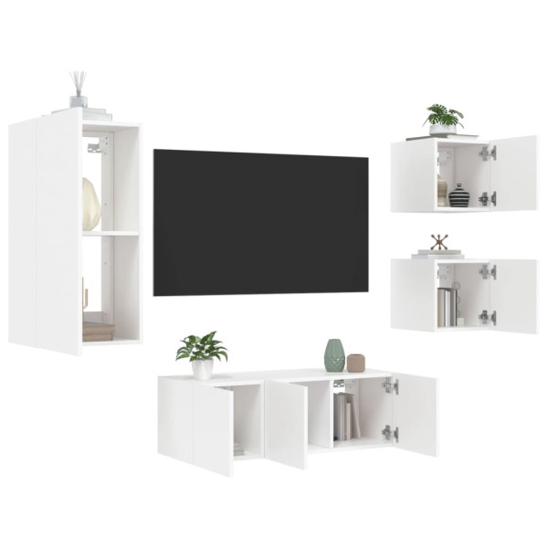 Muebles de TV de pared con LED 5 pzas madera ingeniería blanco D