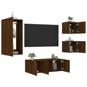 Muebles TV pared con LED 5 pzas madera ingeniería marrón roble D