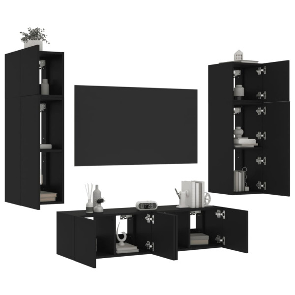 Mobiliário de TV de parede com LED 6 pzas madeira engenharia preta D