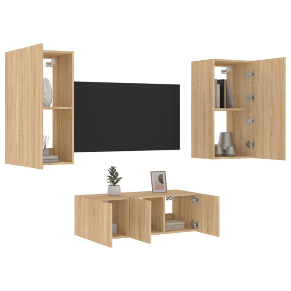 Muebles TV pared con LED 4 pzas madera ingeniería roble Sonoma D