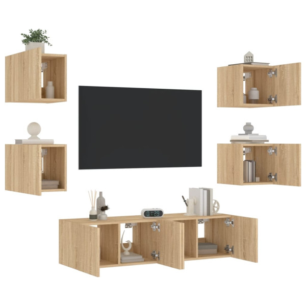 Muebles TV pared con LED 6 pzas madera ingeniería roble Sonoma D