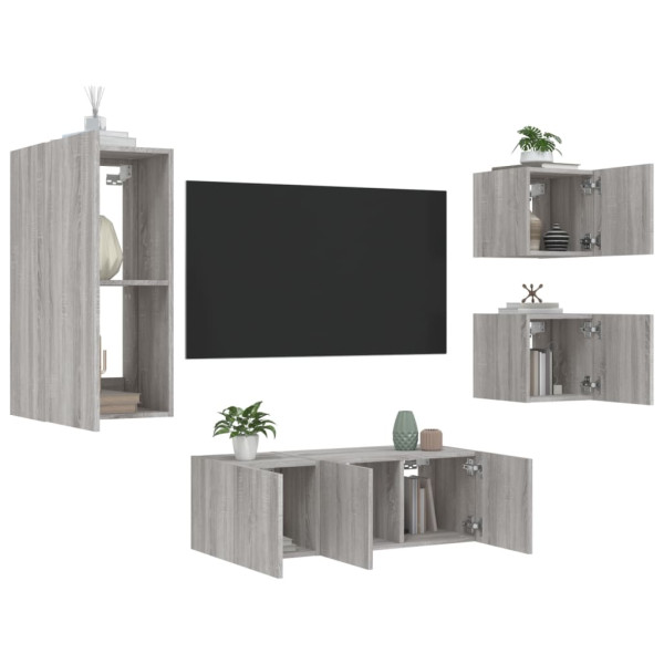 Muebles TV pared con LED 5 pzas madera ingeniería gris Sonoma D