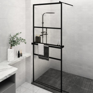Mampara ducha con estante vidrio ESG y aluminio negro 80x195 cm D