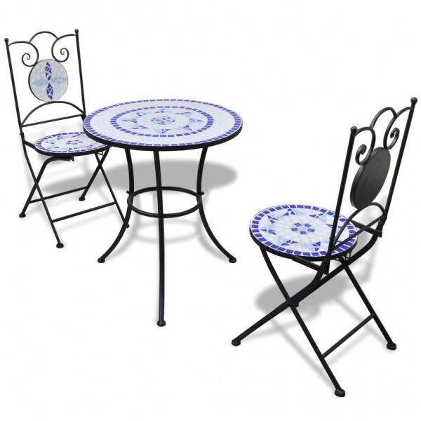 Set de mesa y sillas de jardín 3 pzas con mosaico azul y blanco D