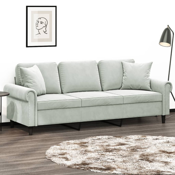 Sofá de 3 lugares com almofadas veludo cinza claro 180 cm D