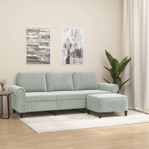 Sofá de 3 plazas con taburete de terciopelo gris claro 180 cm D