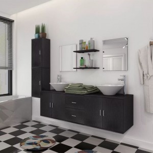 Conjunto de mobiliário de banheiro com lavatório e torneira 11 peças preto D