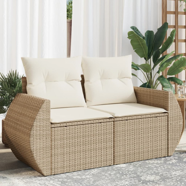 Sofá de jardim com almofadas de 2 lugares ratão sintético beige D