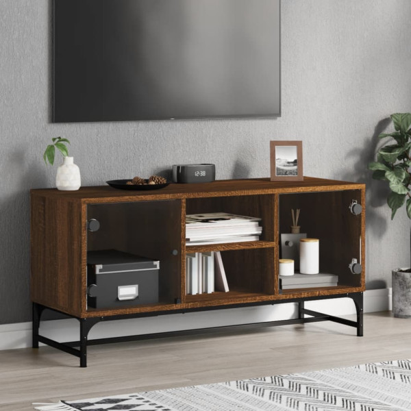 Mueble de TV con puertas de vidrio marrón roble 102x37x50 cm D