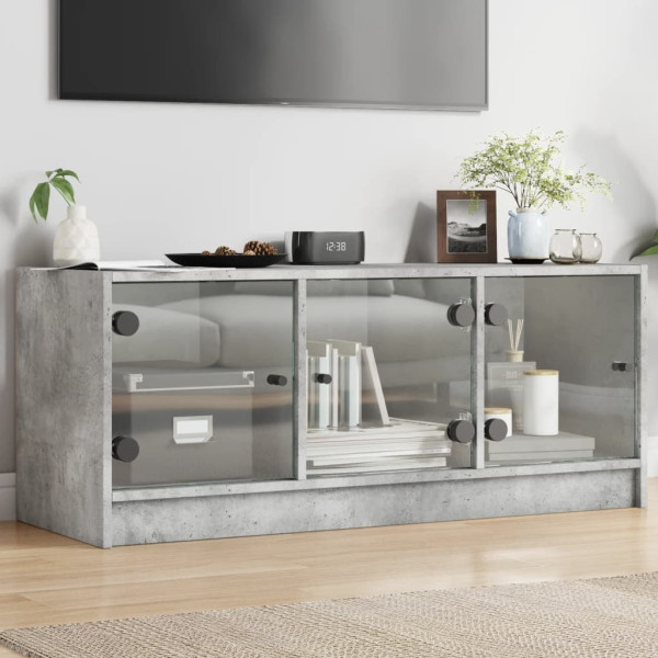 Mueble de TV con puertas de vidrio gris hormigón 102x37x42 cm D