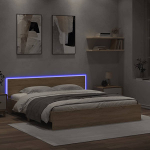 Estructura de cama cabecero y luces LED roble Sonoma 200x200 cm D