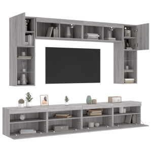 Muebles de TV de pared con luces LED 8 piezas gris sonoma D