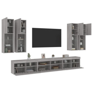Muebles de TV de pared con luces LED 7 piezas gris sonoma D