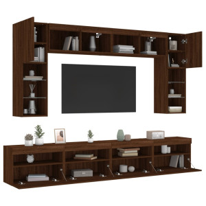 Muebles de TV de pared con luces LED 8 piezas marrón roble D