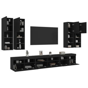 Mueble de pared de TV con luces LED 7 piezas negro D