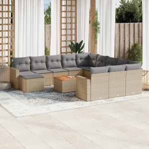 Set sofás de jardín con cojines 13 pzas ratán sintético beige D