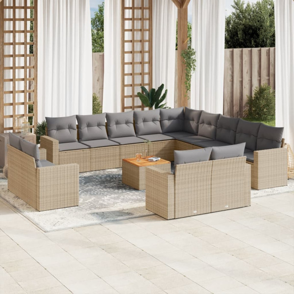 Set sofás de jardín 14 pzas con cojines ratán sintético beige D