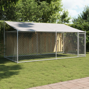 Telhado e porta da gaiola para cães em aço galvanizado cinza 4x2x2 m D