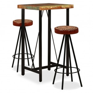 Mesa y 2 taburetes bar madera maciza reciclada cuero real lona D