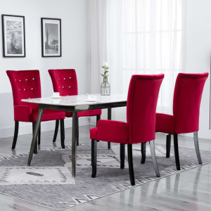 Cadeiras de jantar com apoio de braço de veludo vermelho 4 unidades D