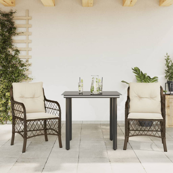 Cadeiras e mesa de jardim com almofadas 3 peças ratão PE marrom D