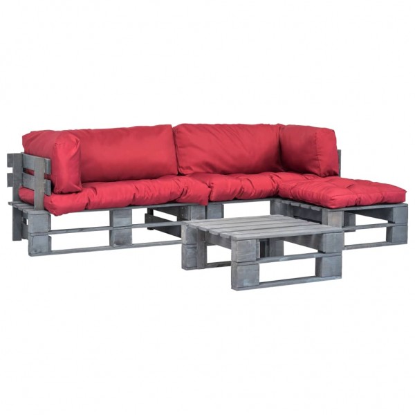 Set sofás jardín de palés 4 pzas y cojines rojos madera D
