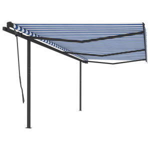 Toldo retráctil manual con postes azul y blanco 6x3.5 m D