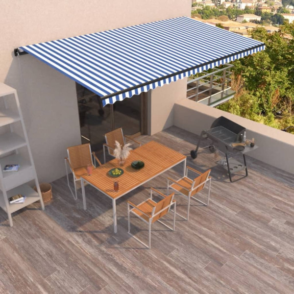 Toldo retráctil manual azul y blanco 600x350 cm D