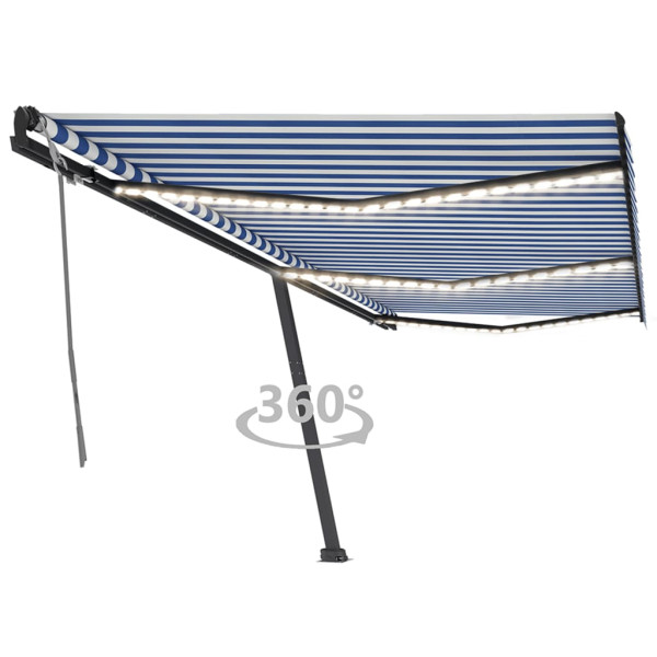 Toldo manual retráctil con luz LED azul y blanco 600x350 cm D