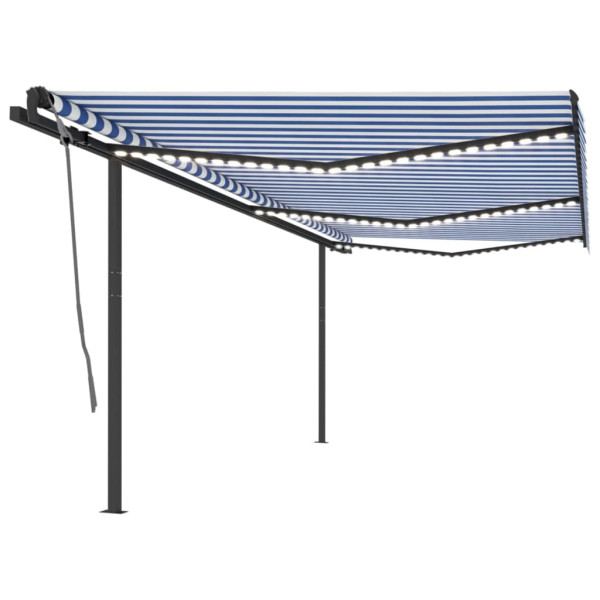 Toldo retrátil manual com postes de luz azul e branco 6x3 m D