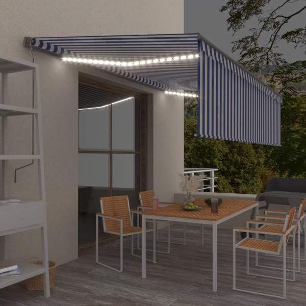 Toldo retrátil manual com persiana e LED azul e branco 5x3 m D