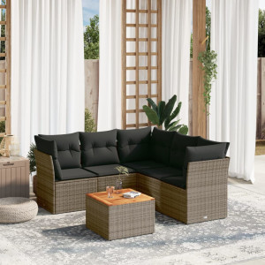 Set de muebles de jardín 6 pzas y cojines ratán sintético gris D