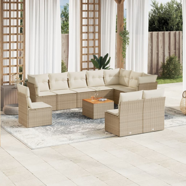 Set de sofás de jardín 11pzas con cojines ratán sintético beige D