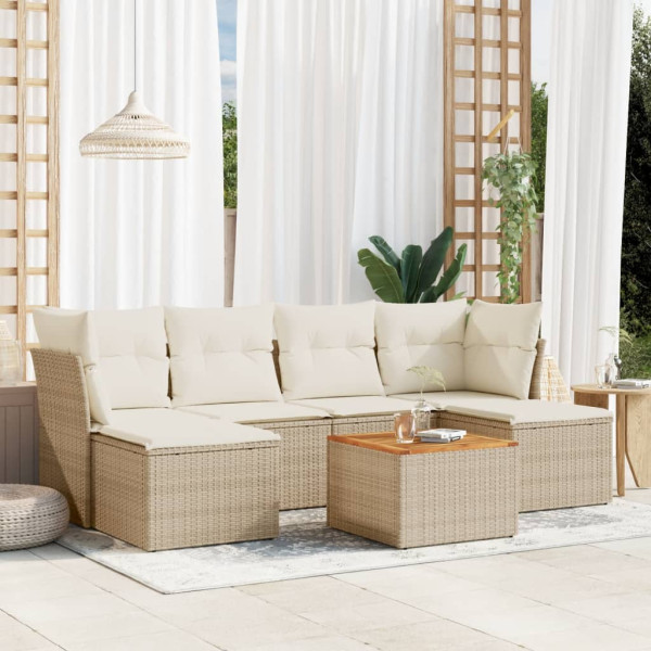 Set de sofás de jardim 7 peças e almofadas ratão sintético beige D