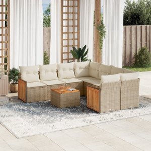 Set de sofás de jardín 9 pzas con cojines ratán sintético beige D