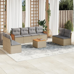 Set de sofás de jardín 9 pzas con cojines ratán sintético beige D