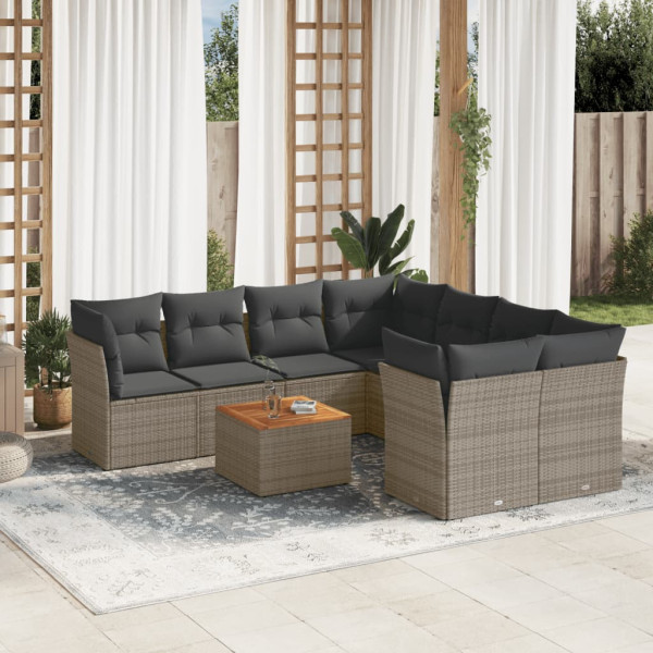 Set de muebles de jardín 9 pzas y cojines ratán sintético gris D