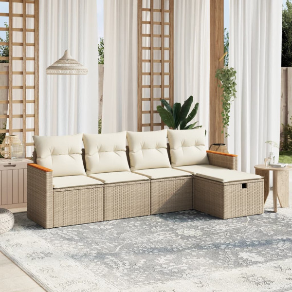 Conjunto de sofás jardim com almofadas 5 pcs ratão sintético beige D