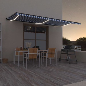 Toldo retráctil manual con luz LED azul y blanco 600x350 cm D