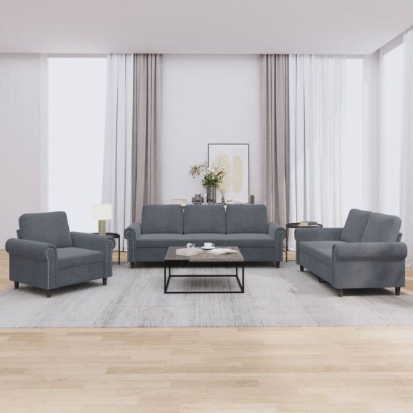 Conjunto de sofá de 3 peças em veludo cinza escuro com almofadas D
