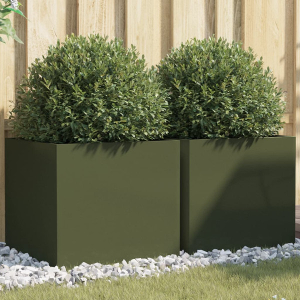 Jardineras 2 uds acero laminado en frío verde oliva 49x47x46 cm D