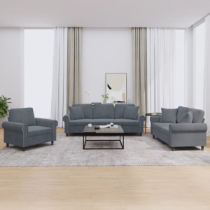 Conjunto de sofá de 3 peças em veludo cinza escuro com almofadas D