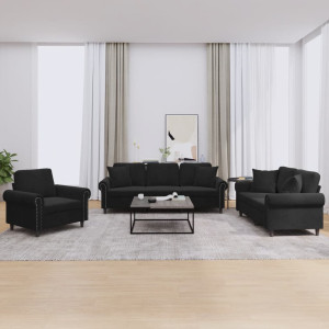 Conjunto de sofá de 3 peças em veludo preto com almofadas D