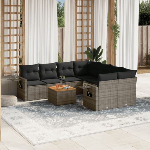 Set de muebles de jardín 9 pzas y cojines ratán sintético gris D