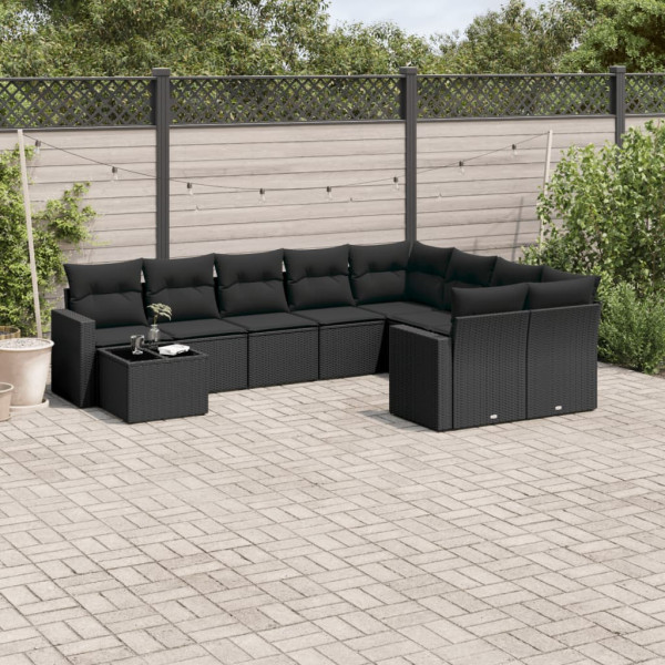 Conjunto de sofá de jardim 10 peças com almofadas de vime sintético preto D