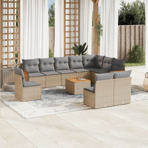 Set de sofás de jardín 11pzas con cojines ratán sintético beige D